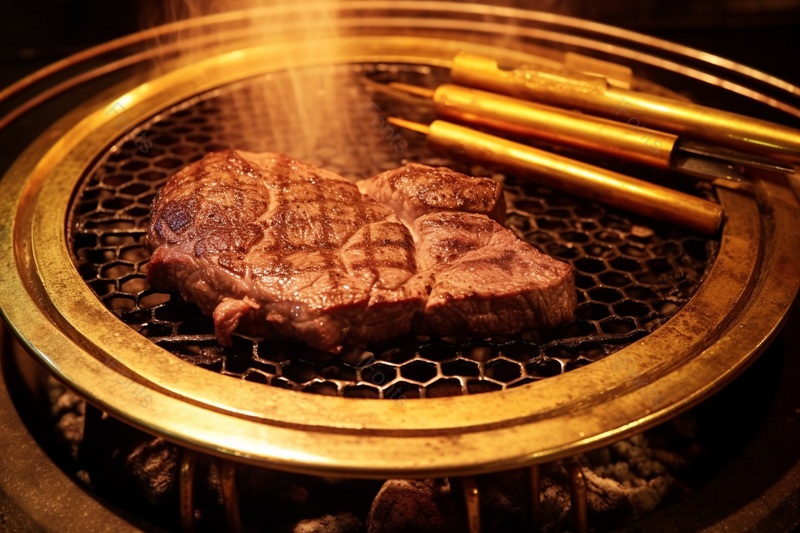 金色烤架上的日式烤肉,高清,摄影图,摄影图片,图片大全,摄影图免费下载